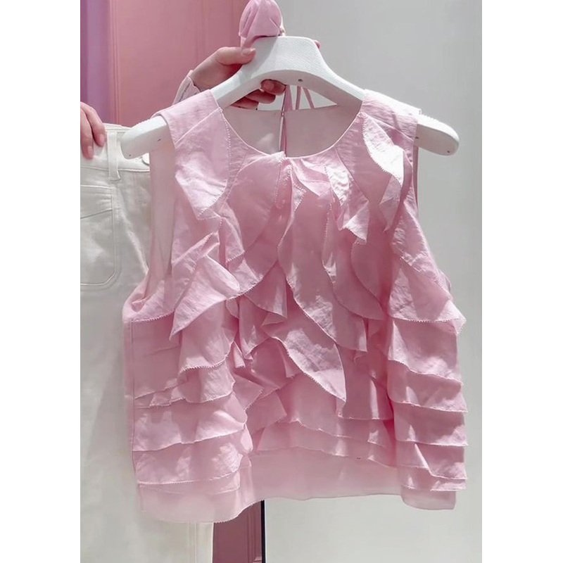 Art Pink Ruffled Lace Up Cotton Shirt Summer