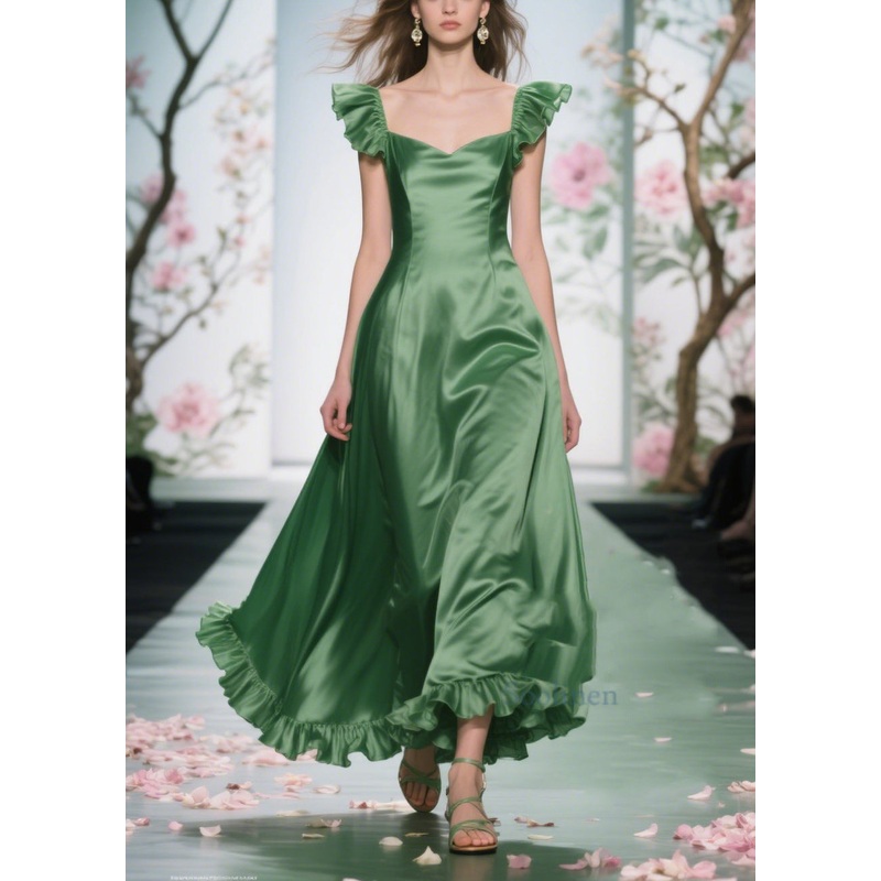 Art Tea Green Ruffled Exra Large Hem Silk Maxi Dresses Summer