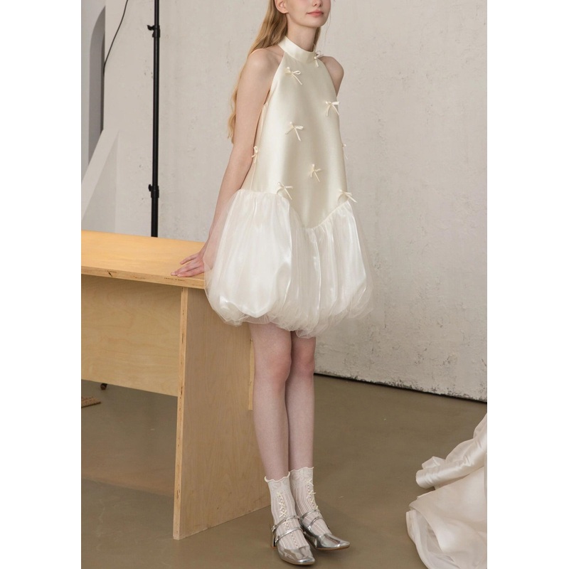 Art White Bow Tulle Patchwork Silk Party Dress Sleeveless