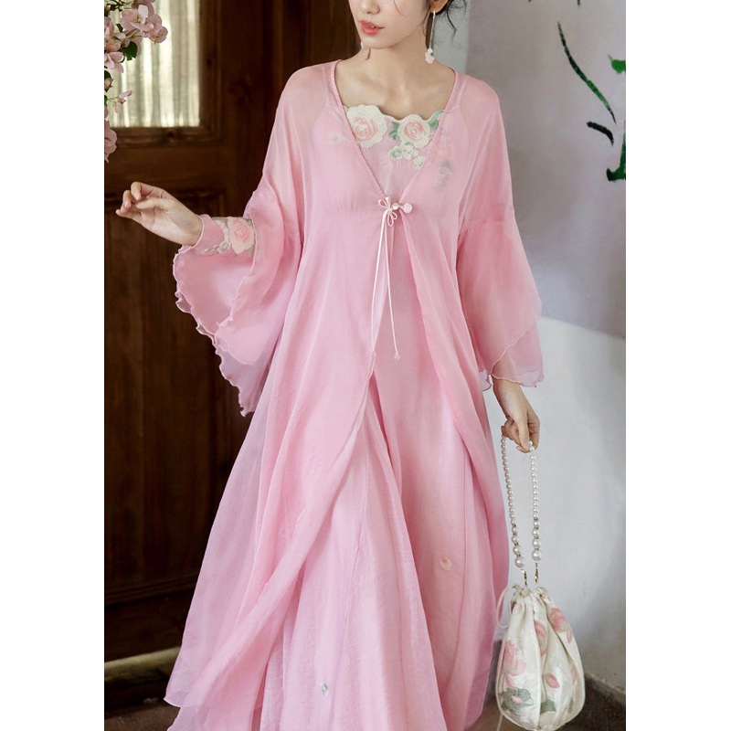 Beautiful Pink Embroidered Cardigan And Spaghetti Strap Dress Silk Two Pieces Set Flare Sleeve