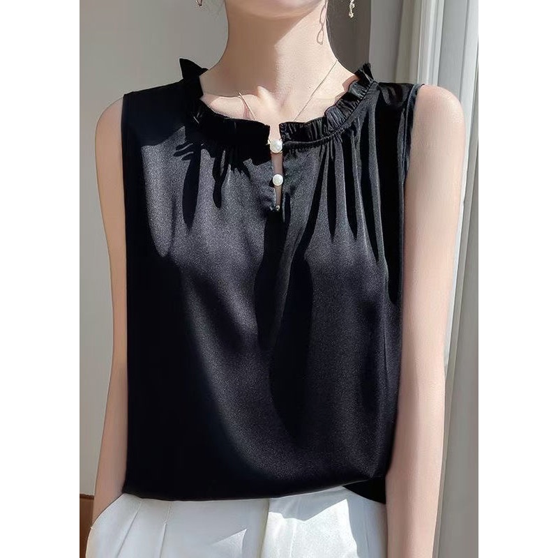 Black Button Solid Silk Sleeveless Blouse Ruffled