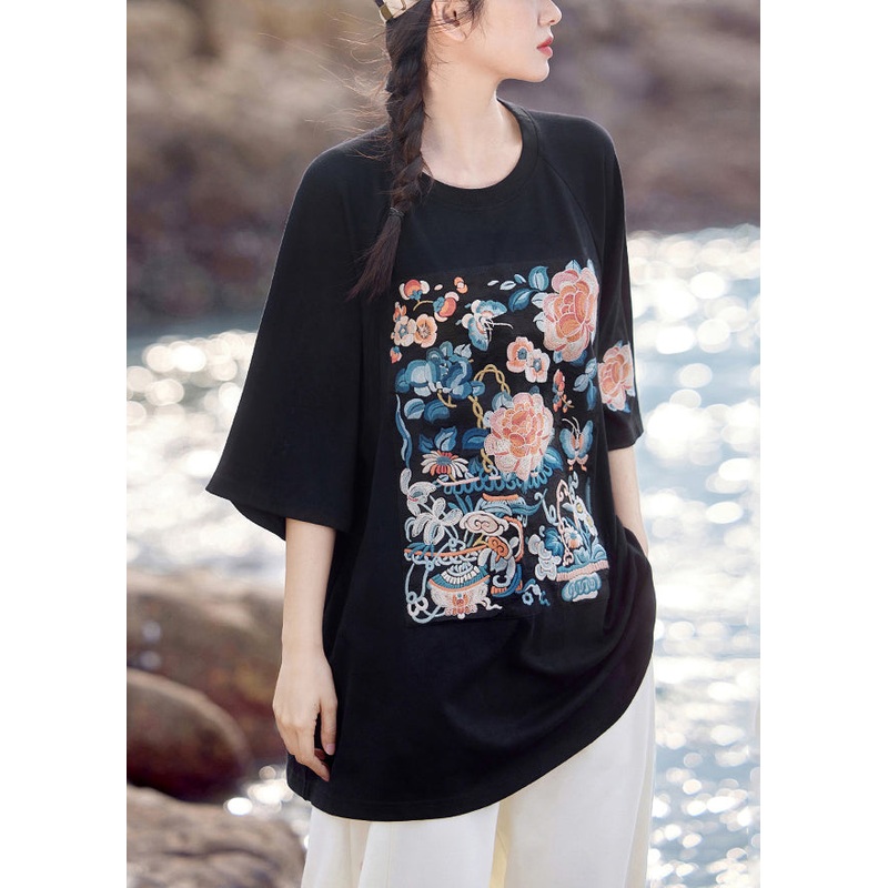 Black Oversized Cotton T Shirt Embroidered Half Sleeve