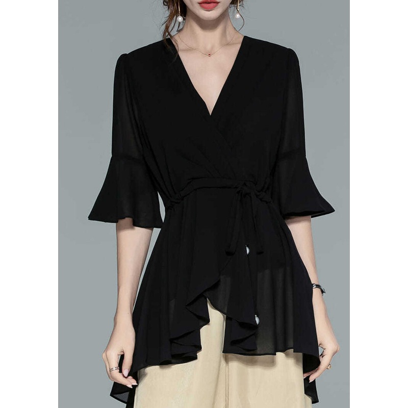 Black Wrinkled Solid Chiffon Shirts V Neck Half Sleeve