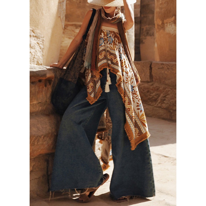 Bohemian Asymmetrical Print Cotton Tops Or Skirts Sleeveless
