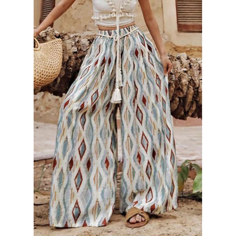 Bohemian Plaid Print Elastic Waist Cotton Wide Leg Pants Summer