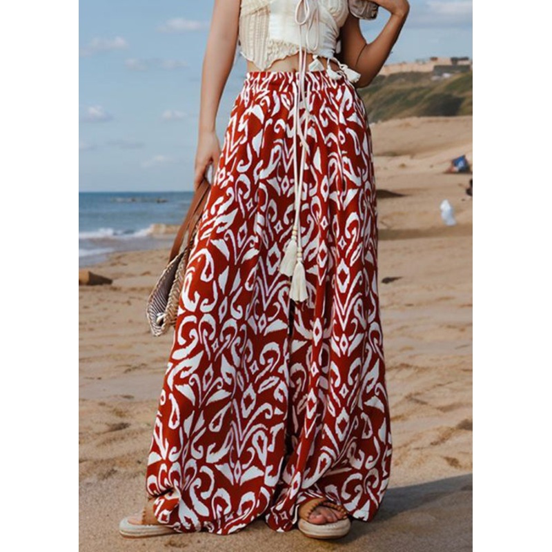 Bohemian Red Print Elastic Waist Silk Pants Summer