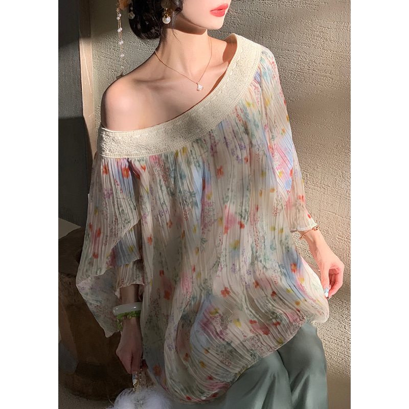 Chic Beige Embroidered Print Wrinkled Chiffon Shirt Fall