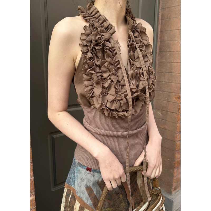 Chic Coffee Ruffled Lace Up Knit Patchwork Tank Sleeveless