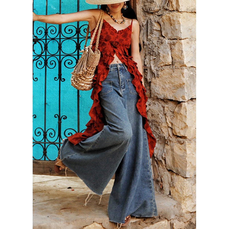 Chic Red Ruffled Print Low High Design Chiffon Spaghetti Strap Tank Sleeveless