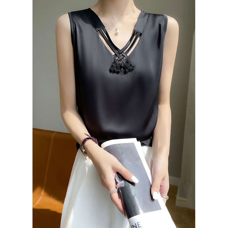 Elegant Black V Neck Hollow Out Silk Tank Sleeveless