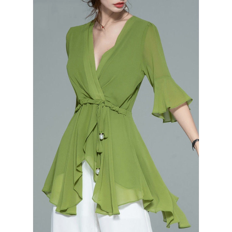 Elegant Green Asymmetrical Lace Up Chiffon Shirt Half Sleeve