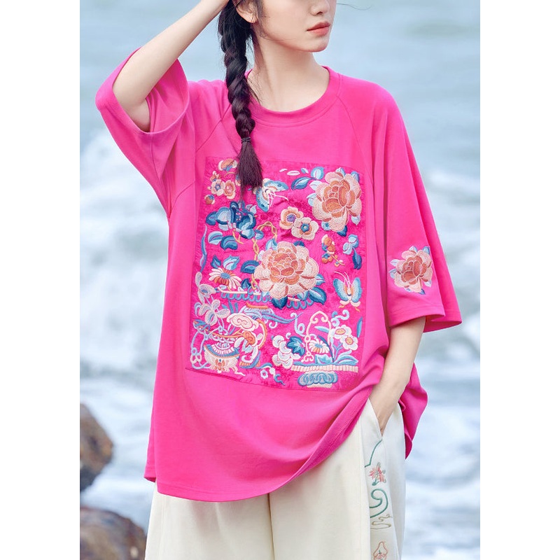 New Rose O-Neck Oversized Cotton T Shirt Half Sleeve