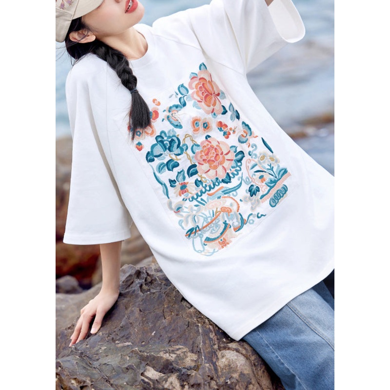 Plus Size White O-Neck Embroidered Cotton T Shirt Summer