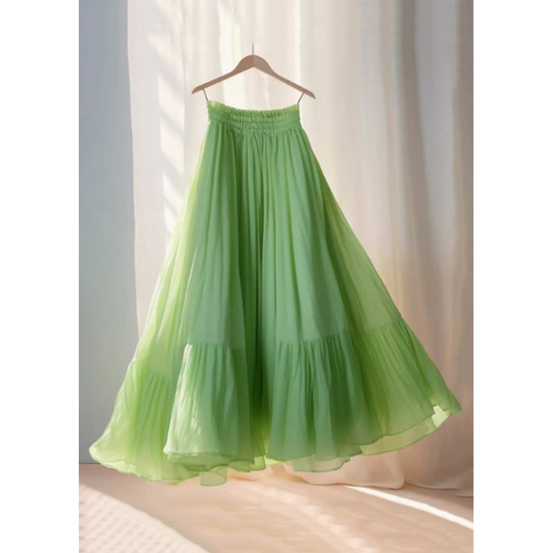 Simple Green Wrinkled Elastic Waist Chiffon Skirt Summer