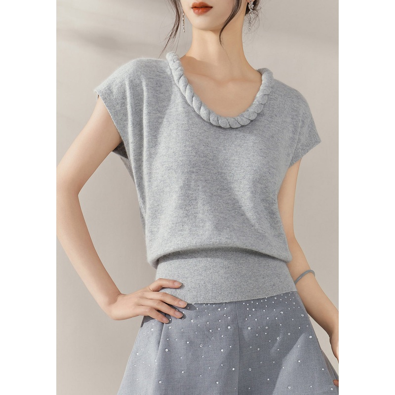 Simple Grey O Neck Solid Cable Knit Sweater Summer
