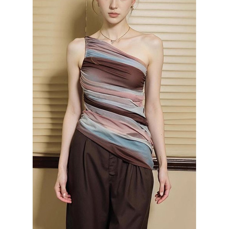 Slim Fit Striped Asymmetrical Patchwork Tulle Shirt Sleeveless