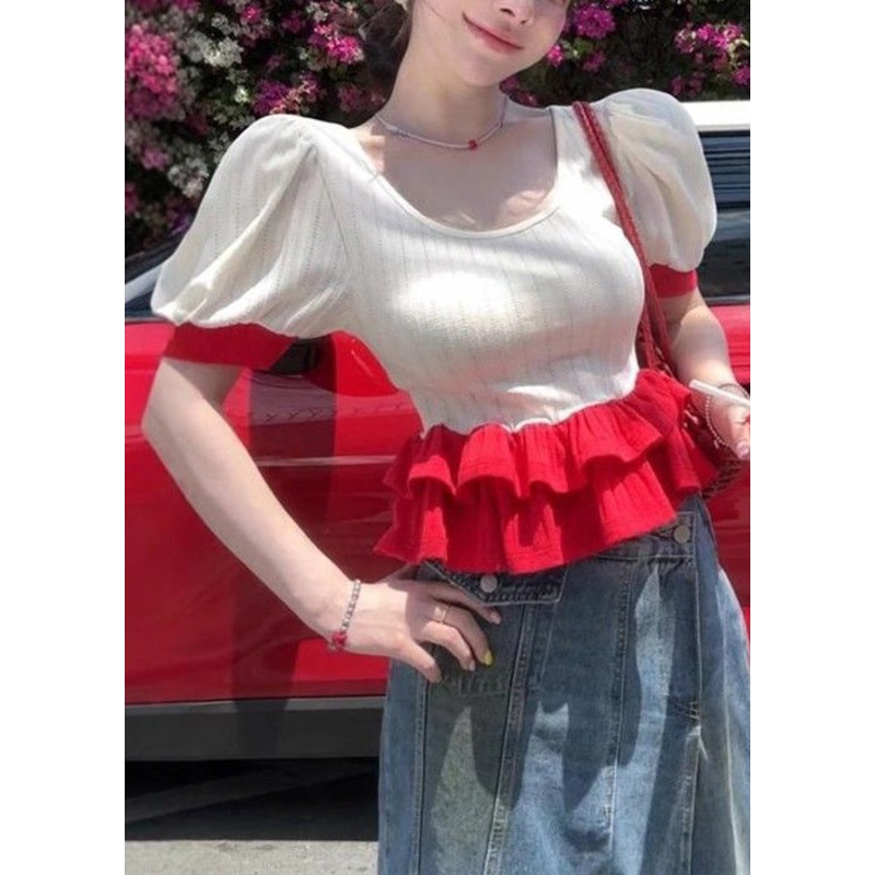 Slim Fit White O Neck Ruffled Patchwork Cotton T Shirts Summer