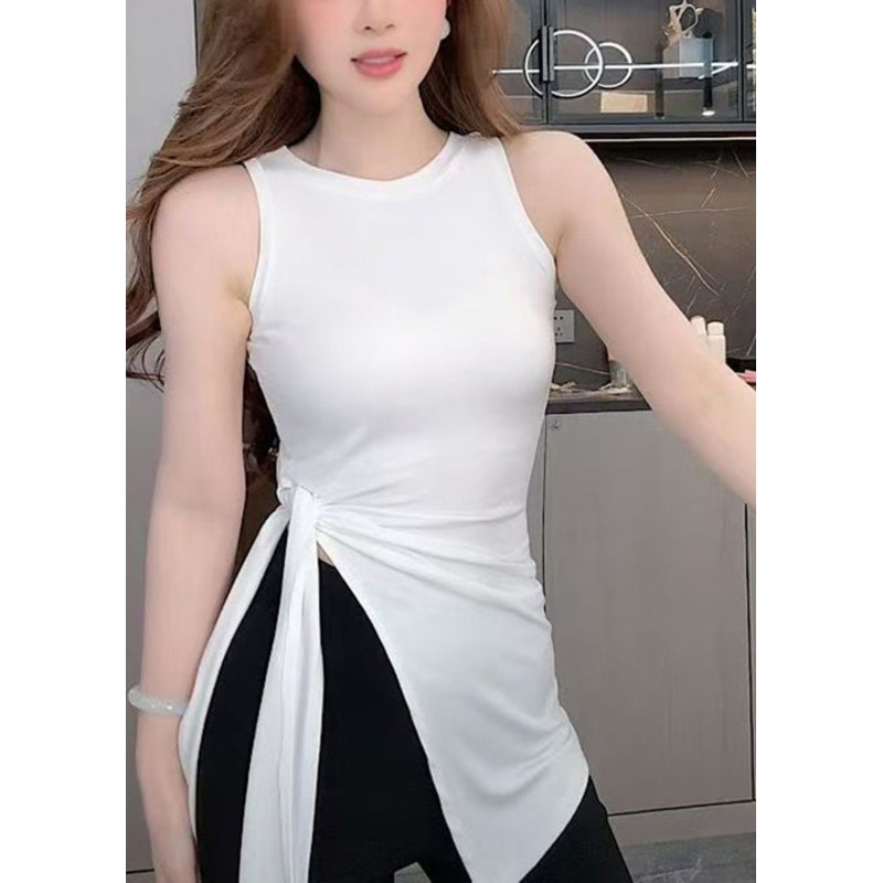 Slim Fit White O Neck Side Open Lace Up Cotton T Shirt Sleeveless