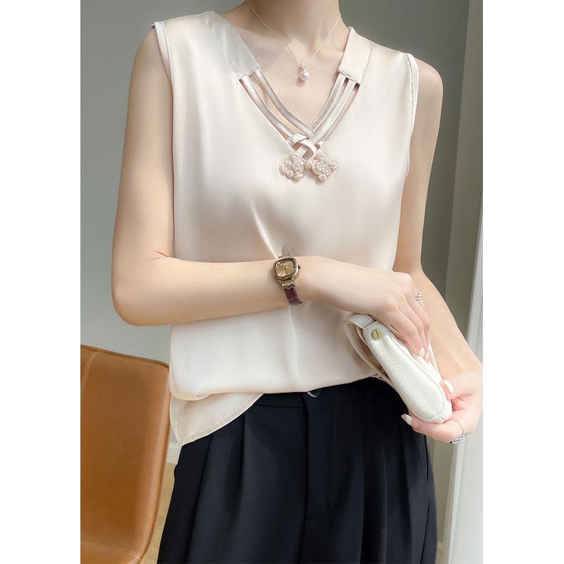 Stylish Champagne Color Nail Bead Solid Silk Tank Summer