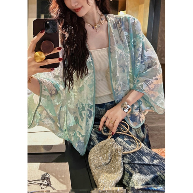 Stylish Green V Neck Cozy Silk Cardigans Batwing Sleeve