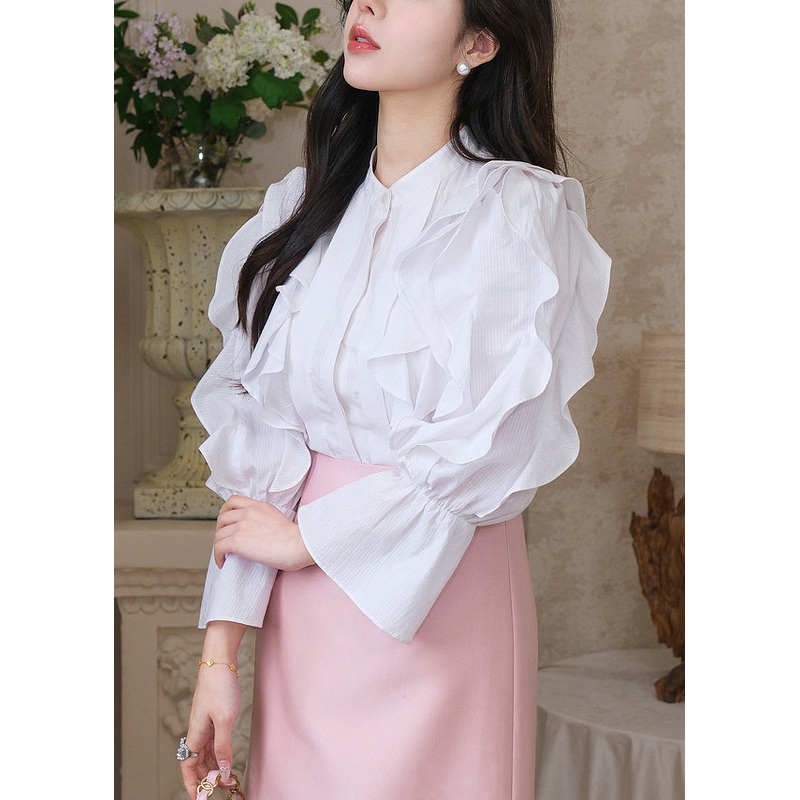 Stylish White Ruffled Button Cotton Blouses Flare Sleeve