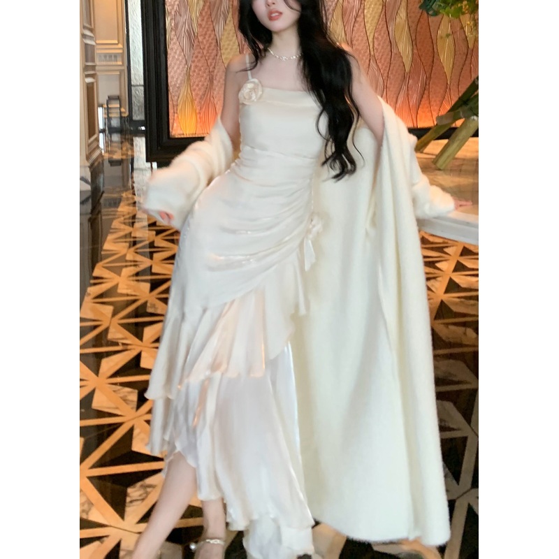 White High Waist Solid Silk Party Dress Ruffled Summer