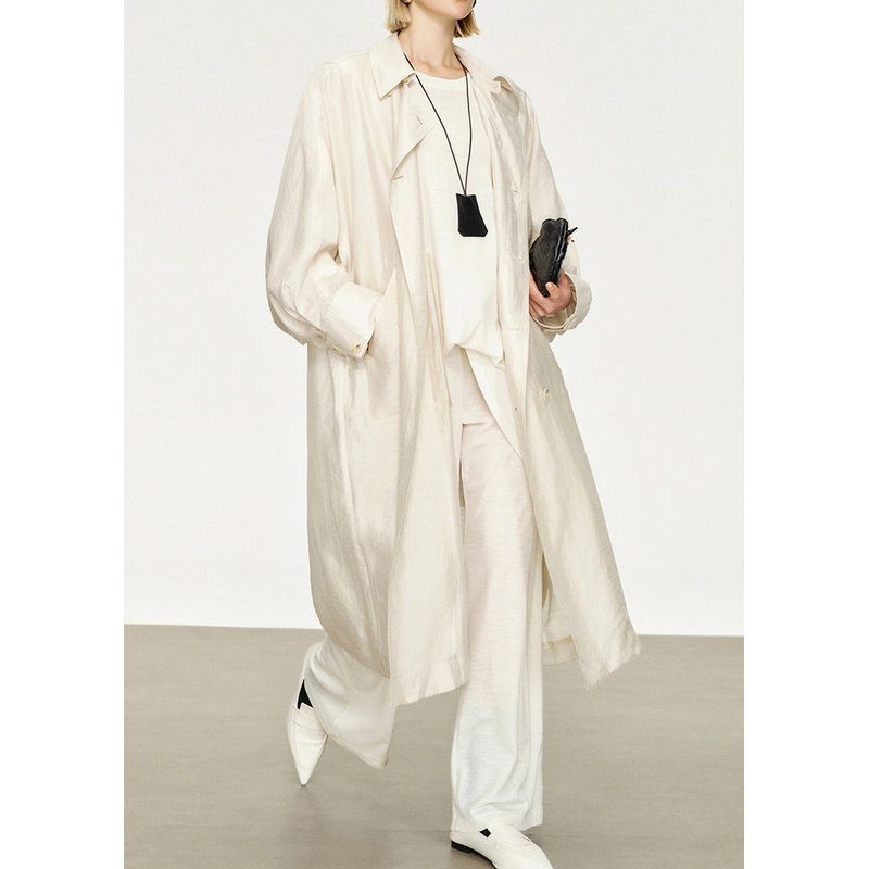 White Pockets Thin Linen Silk Long Trench Coats Peter Pan Collar Batwing Sleeve