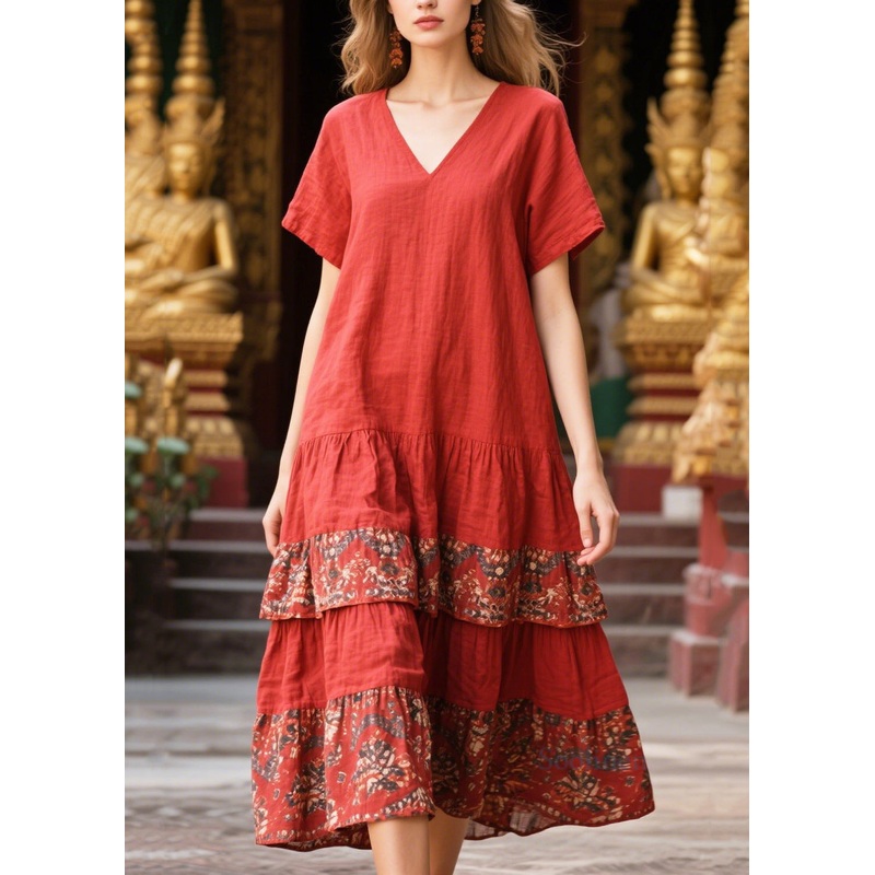 Women Red V Neck Patchwork Print Cotton Holiday Dress Summer