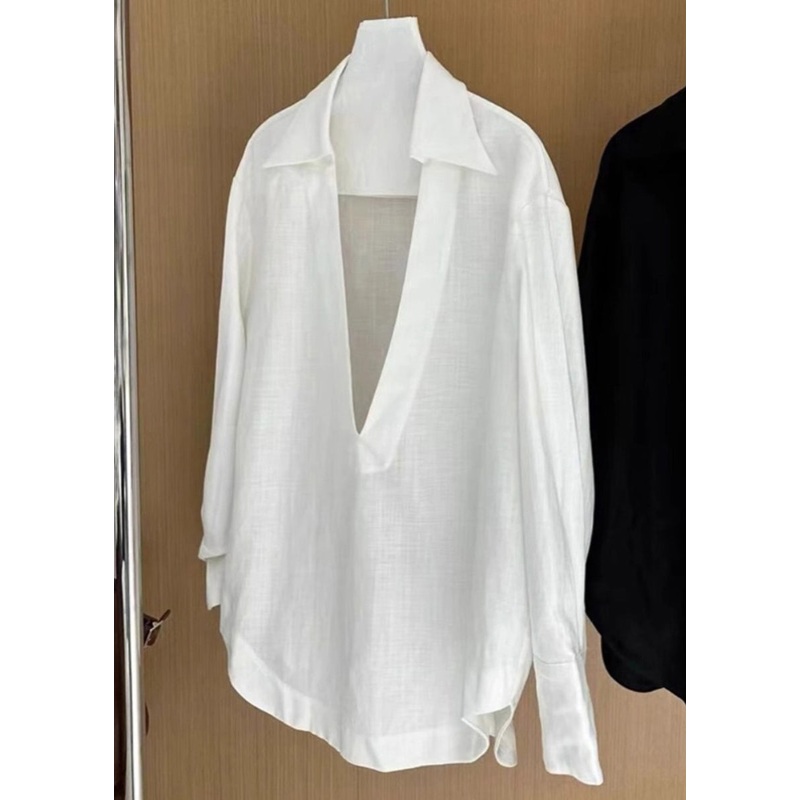 Women White V Neck Solid Cotton Blouses Fall