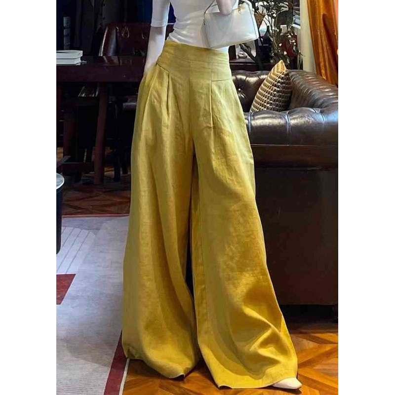 Women Yellow Pockets High Waist Solid Linen Wide Leg Pants Summer