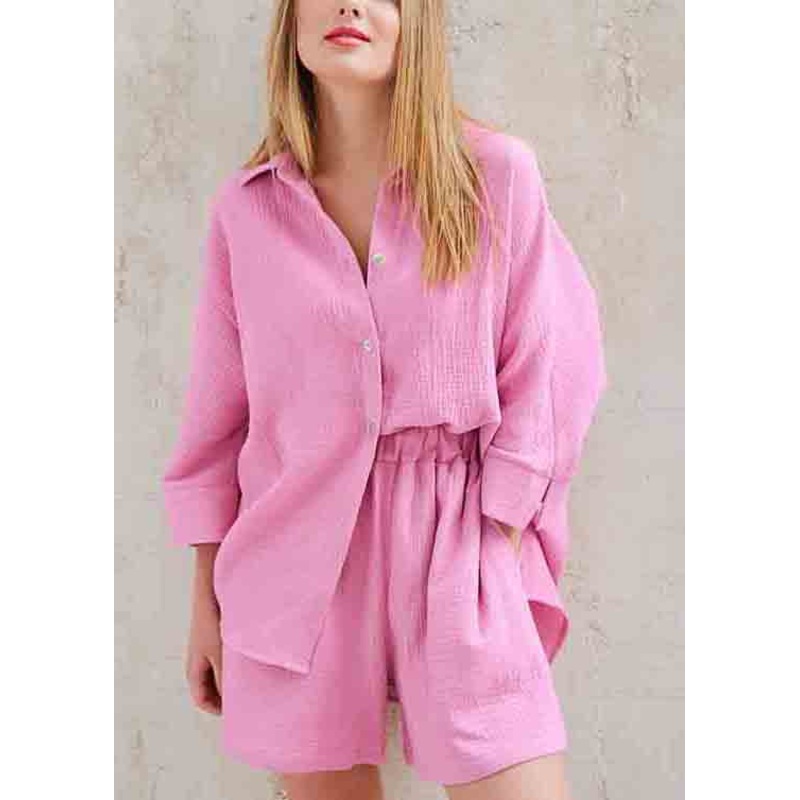 Art Solid Color Oversized Cotton Shirts And Shorts Two Pieces Set Long Sleeve