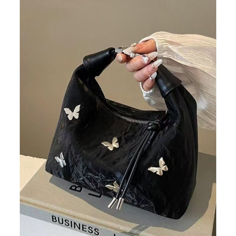 Casual Black Butterfly Decorated Durable Nylon Tote Handbag
