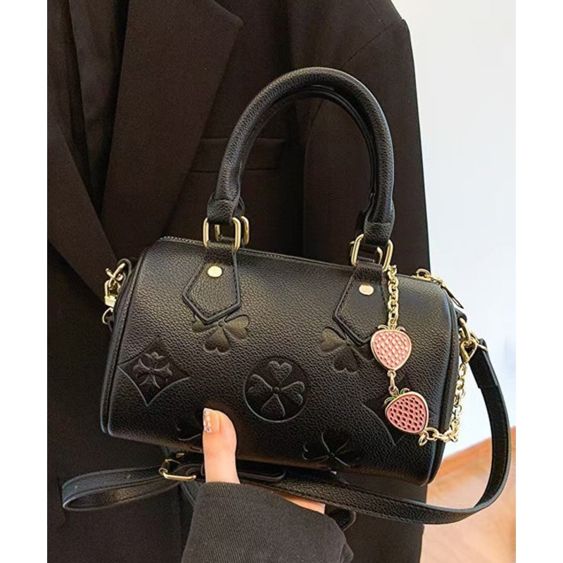 Casual Black Emboss Chain Linked Faux Leather Round Bag