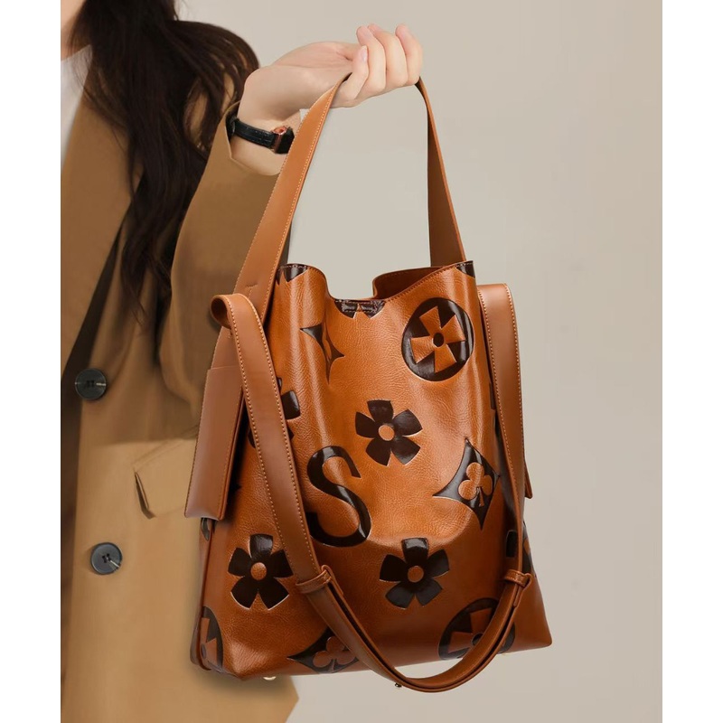 Casual Brown Emboss Large Capacity Calf Leather Bucket Bag