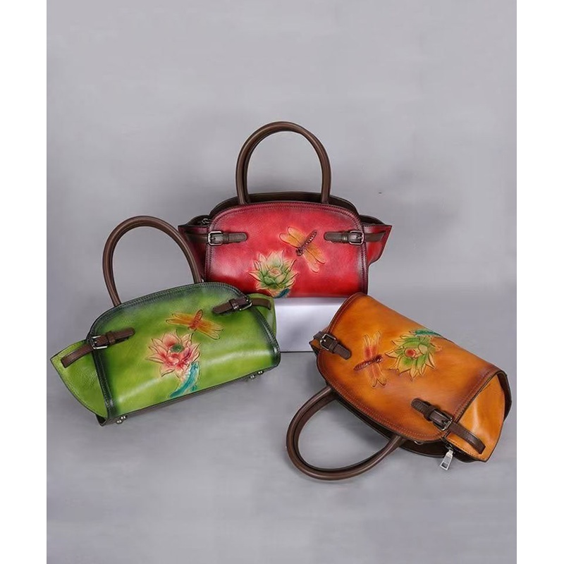 Chinese Style Yellow Calf Leather Embossed Tote Bag