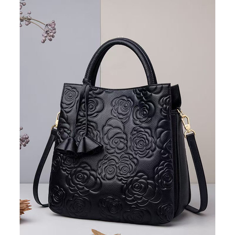 Classy Black Emboss Large Capacity Calf Leather Tote Handbag