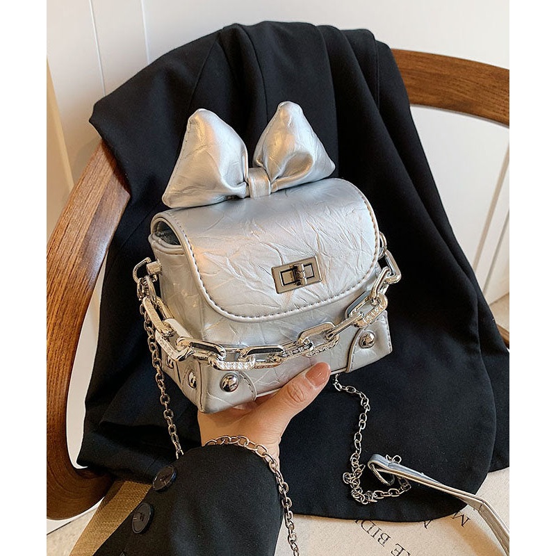 Cute Bow Chain Linked Faux Leather Girls Mini Bag