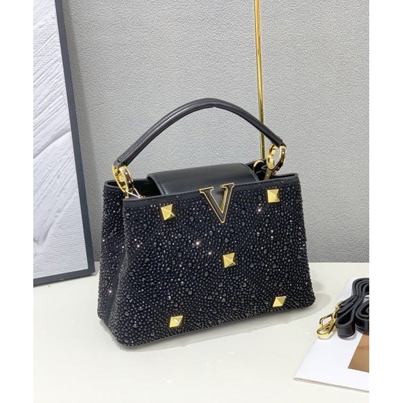Modern Black Rhinestone V Decorated Faux Leather Micro Bag