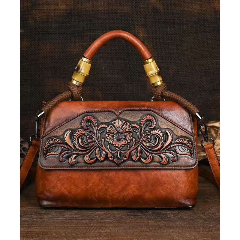 Original Retro Brown Embossed Calf Leather Tote Bag