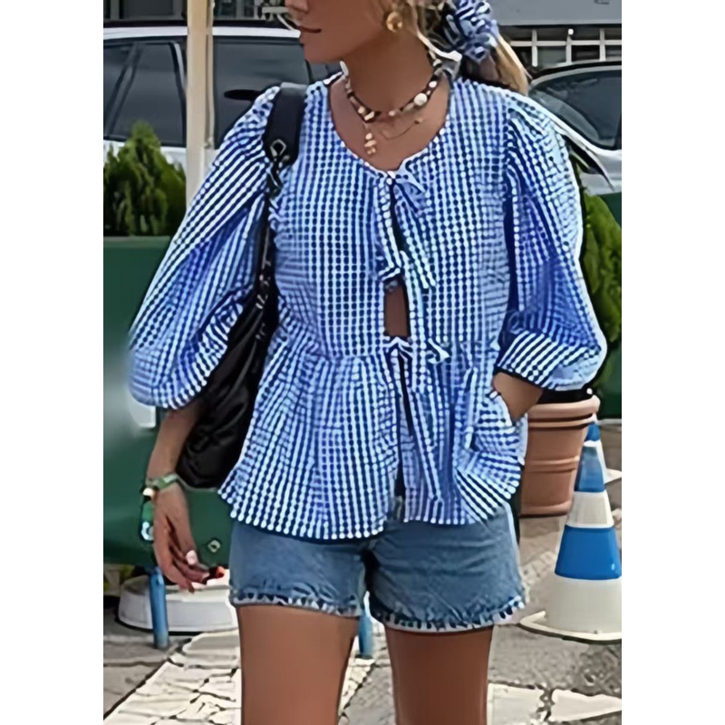 Plus Size Blue Puff Sleeve Plaid Lace Up Cotton Shirts Summer