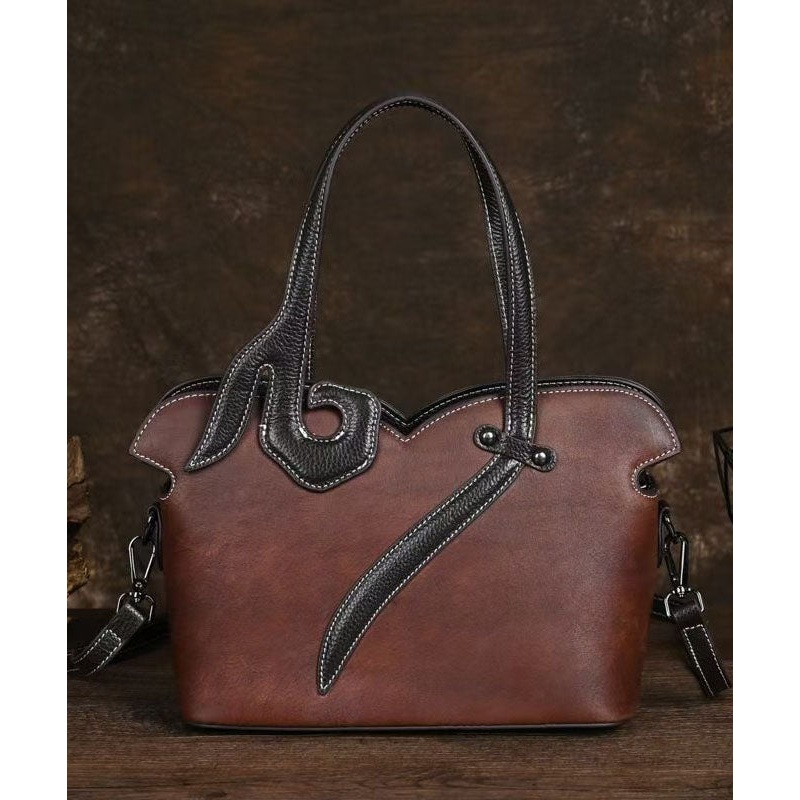 Retro Coffee Solid Durable Large Capacity Calf Leather Tote Bag