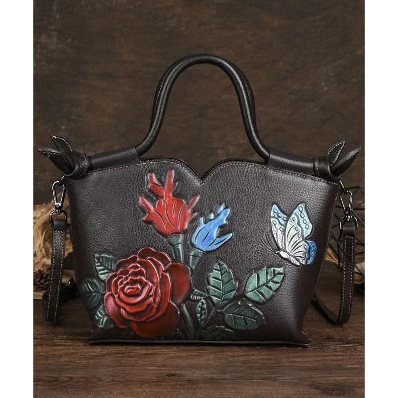 Stylish Coffee Calf Leather Embossed Tote Bag