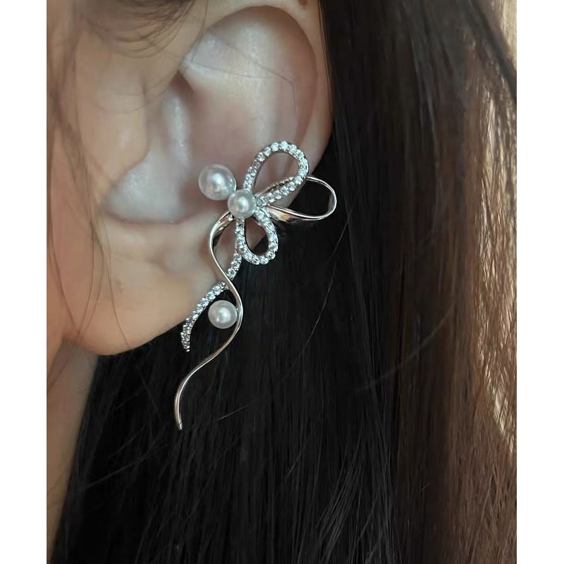 Unique Silk Metal Zircon Pearl Bow Ribbon Stud Earrings