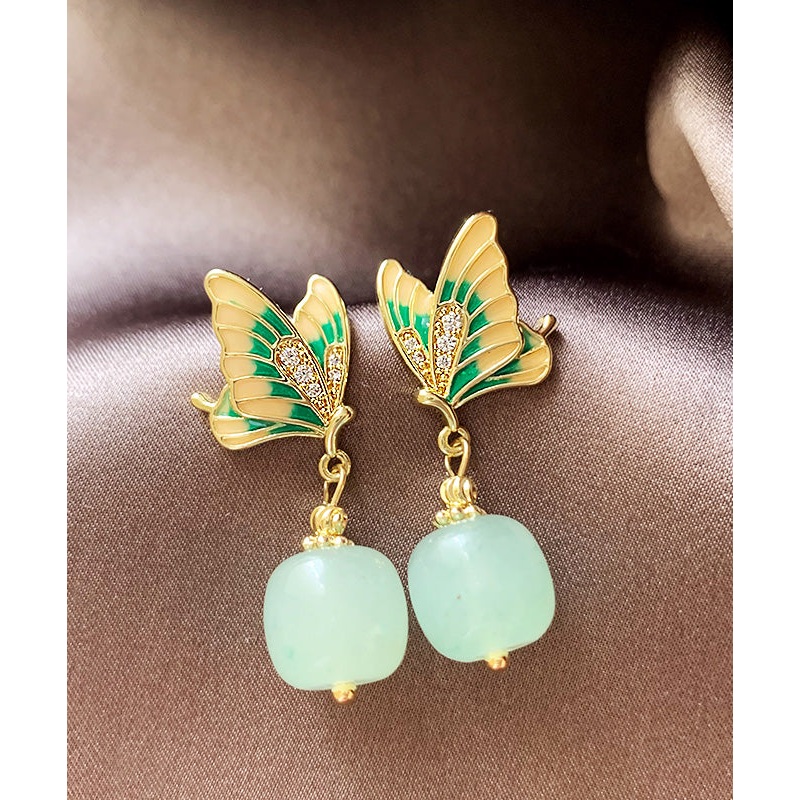 Vintage Green Copper Alloy Zircon Jade Butterfly Drop Earrings