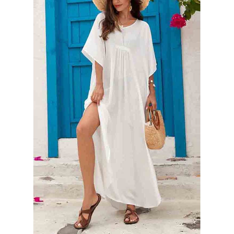 White Oversized Cotton Holiday Dress Wrinkled Summer