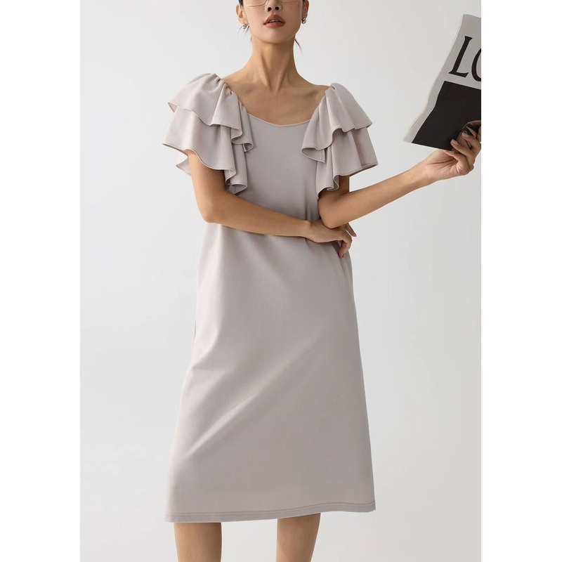 Women Apricot Cotton Work Straight Dress Butterfly Sleeve