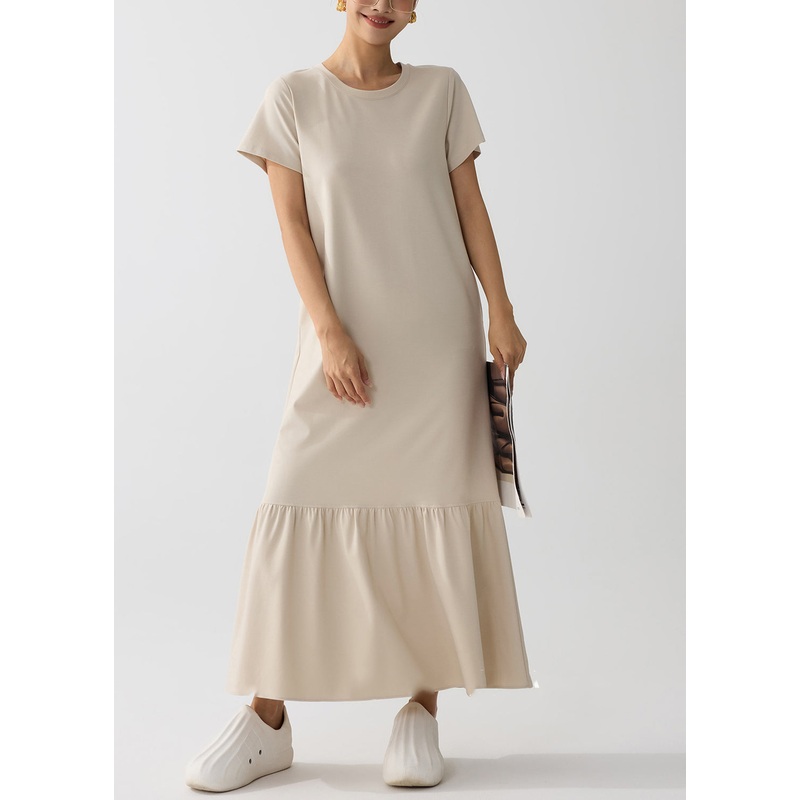 Women Apricot O-Neck Patchwork Cotton Holiday Dress Summer
