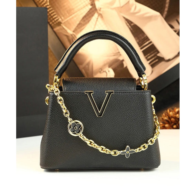 Women Black V Golden Decorated Durable Faux Leather Tote Handbag