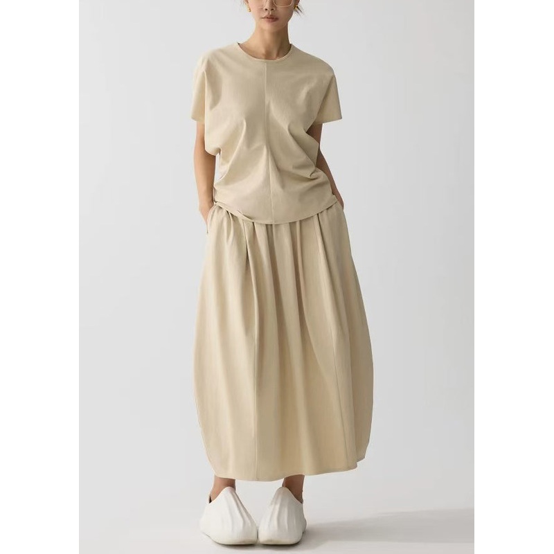 Women Khaki Oversized Wrinkled Cotton Two Pieces Set Summer