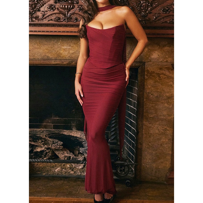 Women Mulberry Cold Shoulder Wrinkled Tulle Vacation Dresses Summer
